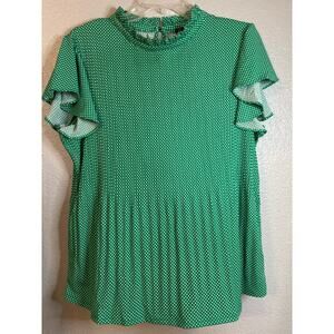 Adrianna Papell Green Polka Dot Ruffle Sleeve Mock Neck Blouse Women's Size L